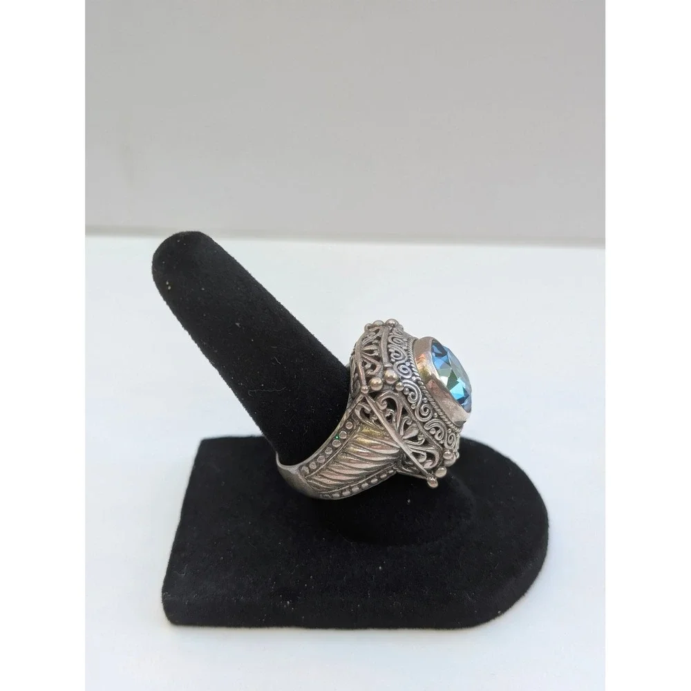 Sarda Sterling Silver 925 Blue Topaz Filigree Bali‎ Scroll Cocktail Ring Size 7